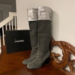 Chanel Tall Knee High Suede Gray Metallic Silver Boots EUC